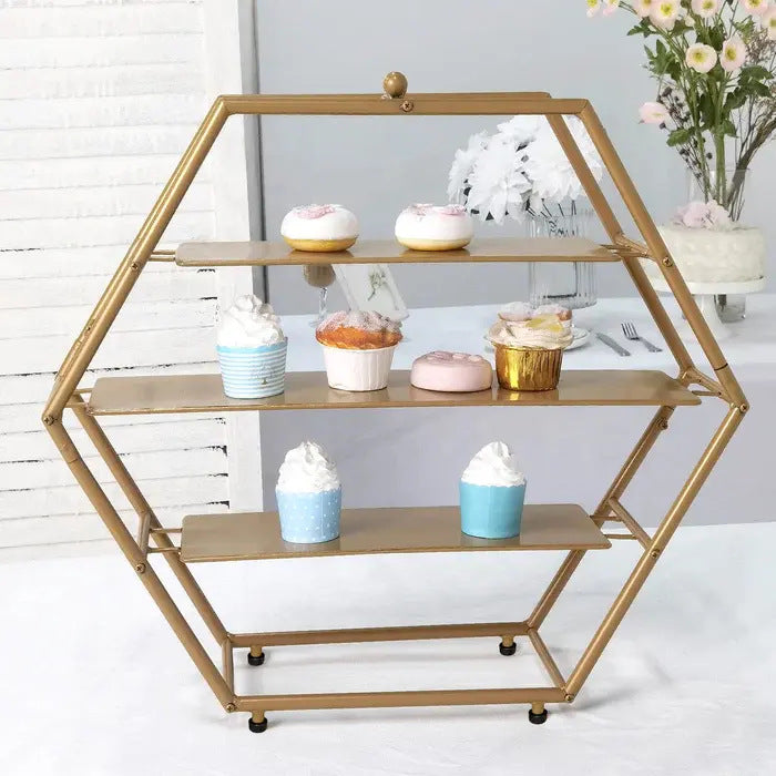 3-Tier Metal Hexagon Cupcake Stand 21" Matte Gold