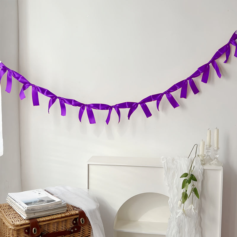 Bow Garland Banner Decoration,Pre-Strung Satin Ribbon Ornaments for Birthday, Party, Wedding, Anniversary