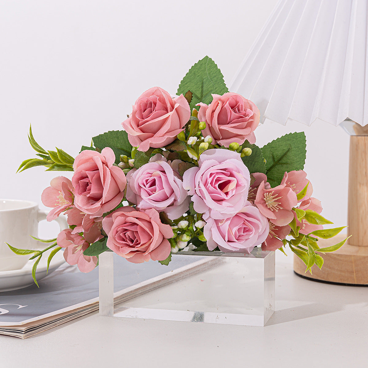 4 Bushes 12" Artificial Roses Flowers Arrangement Silk Bouquet for Home Office Parties Bridal and Wedding Decoration