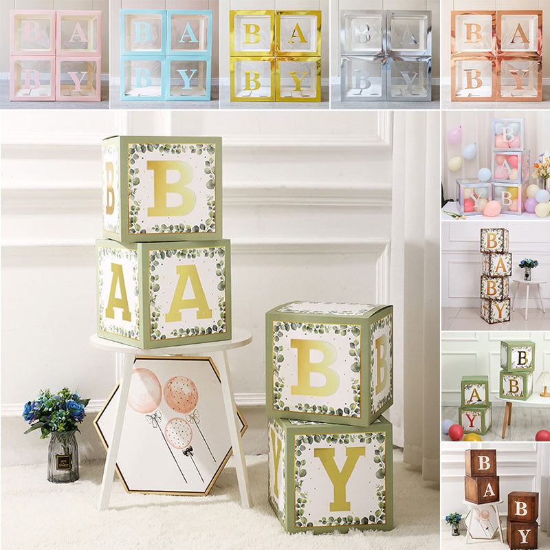 Baby Boxes with Letters for Baby Shower,Clear Baby Shower Decorations Block Boxes for Gender Reveal,Transparent Balloon Box Backdrop Birthday Party,4PCS