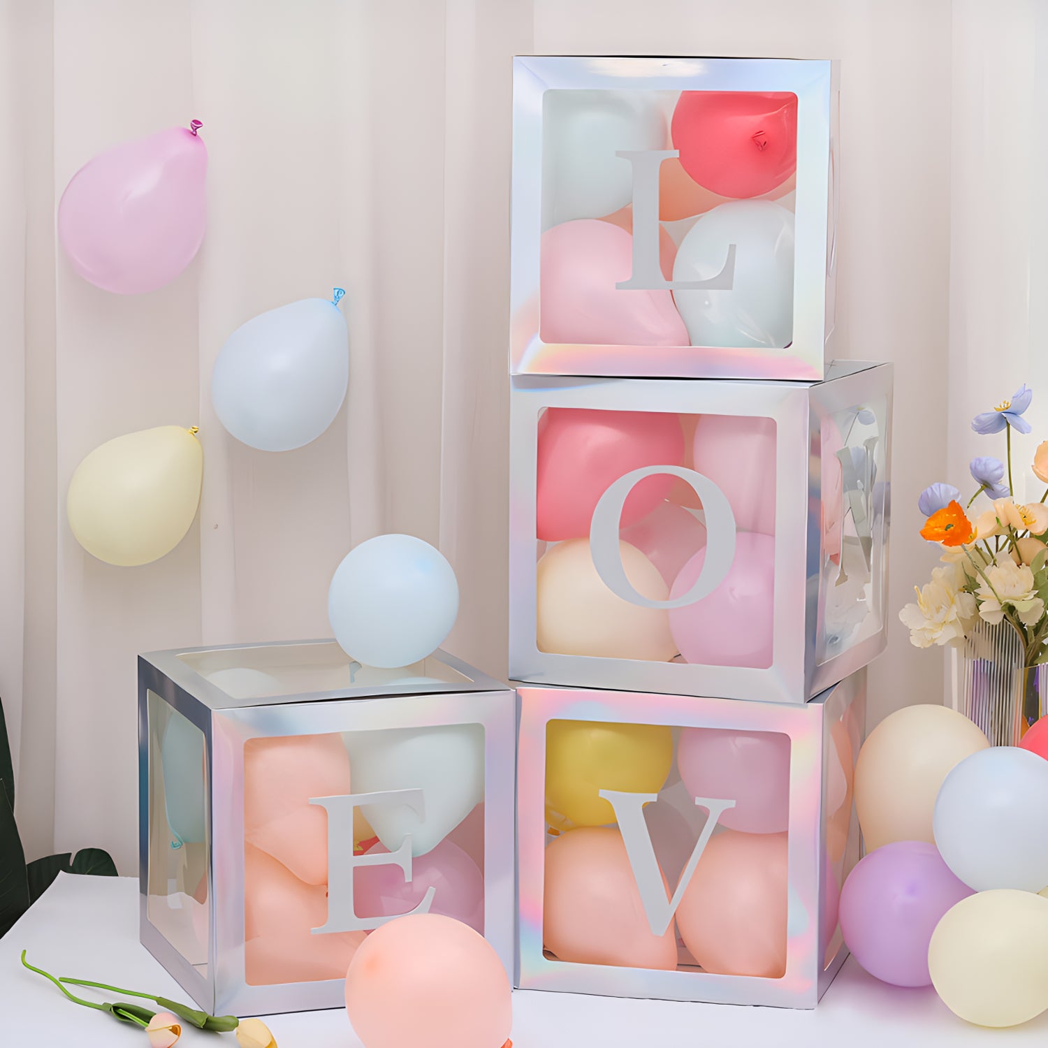 4 Pcs Love Transparent Balloon Boxes With Letters for Mother's Day, Valentine's Day Party Decorations, Proposal, Engagement, Wedding, Bridal Shower, Birthday