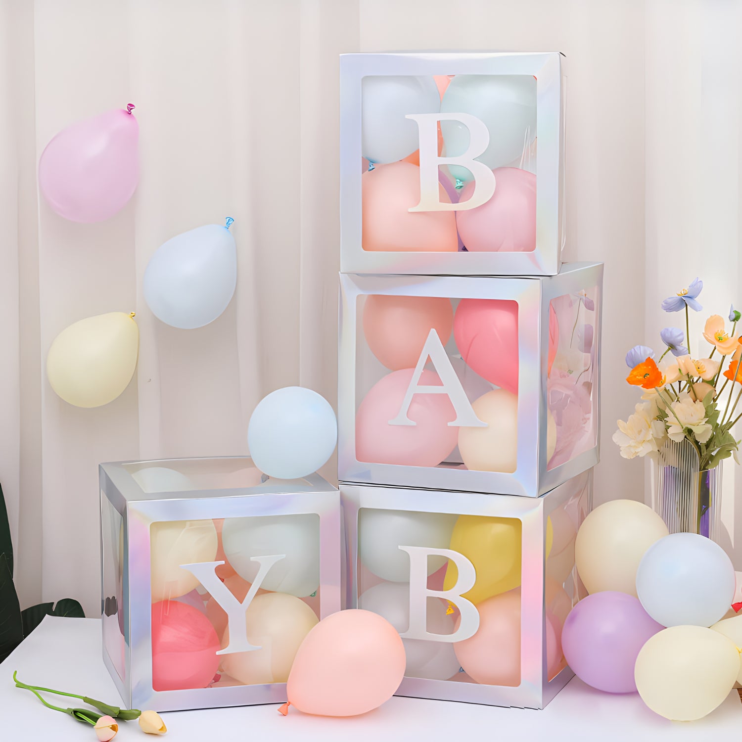 Baby Boxes with Letters for Baby Shower,Clear Baby Shower Decorations Block Boxes for Gender Reveal,Transparent Balloon Box Backdrop Birthday Party,4PCS
