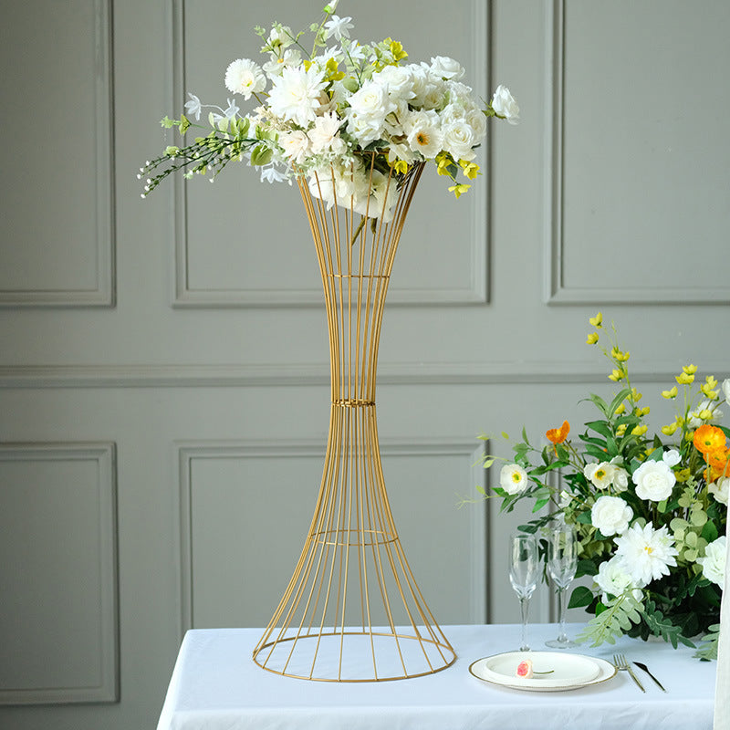 Gold Metal Flower Centerpiece Stand 24" Hourglass Trumpet Shape Open Frame Design