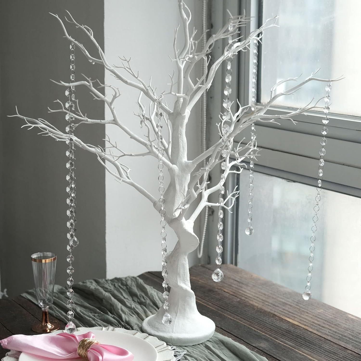 Manzanita Tree Centerpiece 34" White with 8 Acrylic Bead Chains