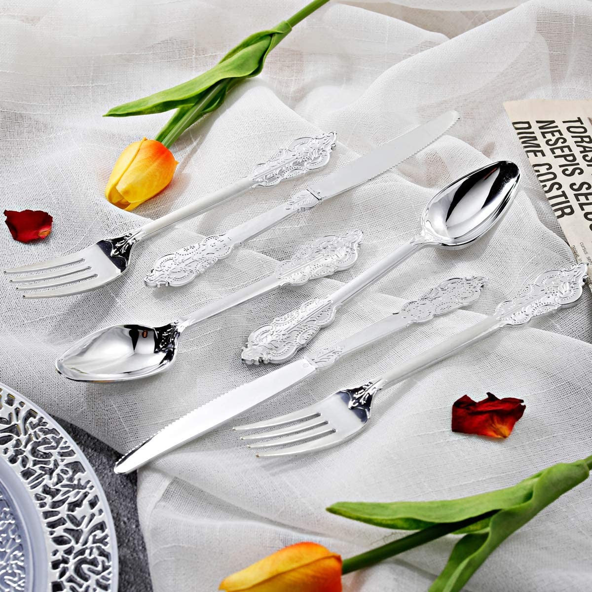 24 Pcs Plastic Silverware Set Metallic Silver in Baroque Style