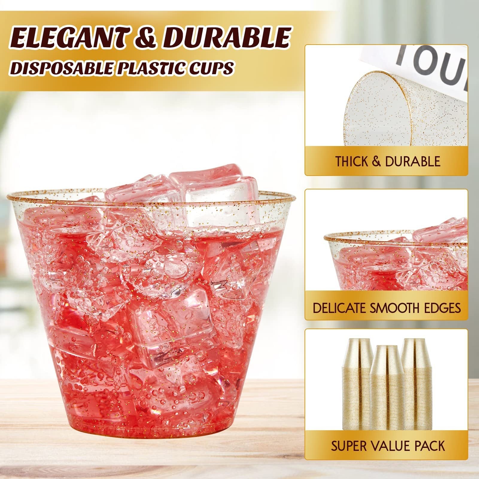 12 Pcs Plastic Party Glasses 9oz Gold Glittered