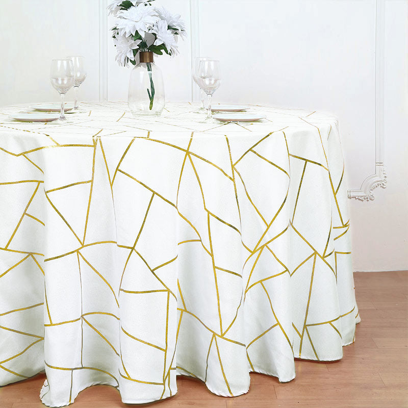 Polyester Round Tablecloth With Gold Foil Geometric Pattern 120" White
