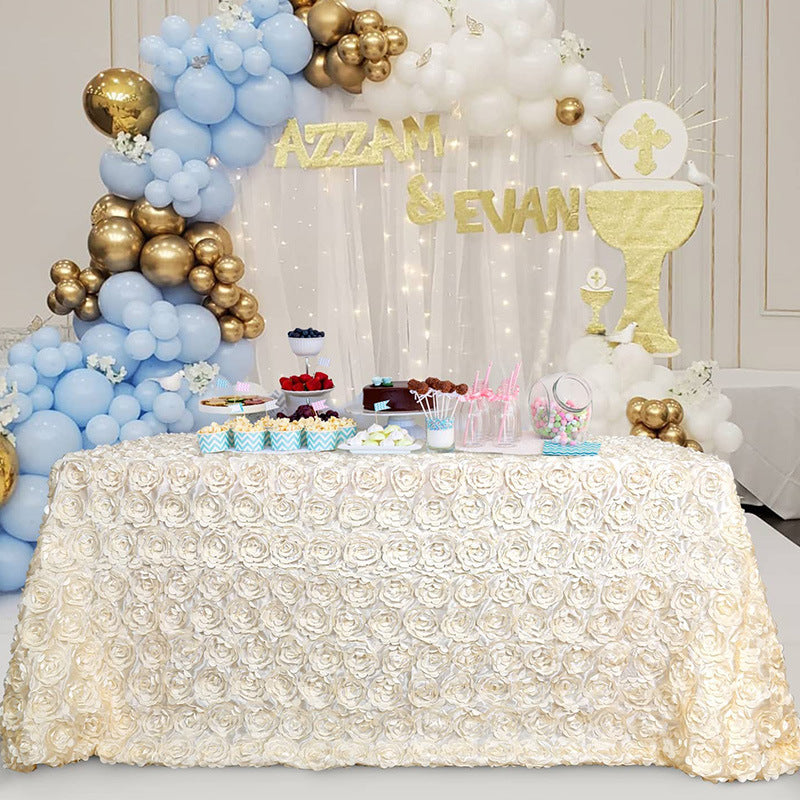Satin Rectangle Tablecloth Grandiose 3D Rosette Table Cover 132"x90"