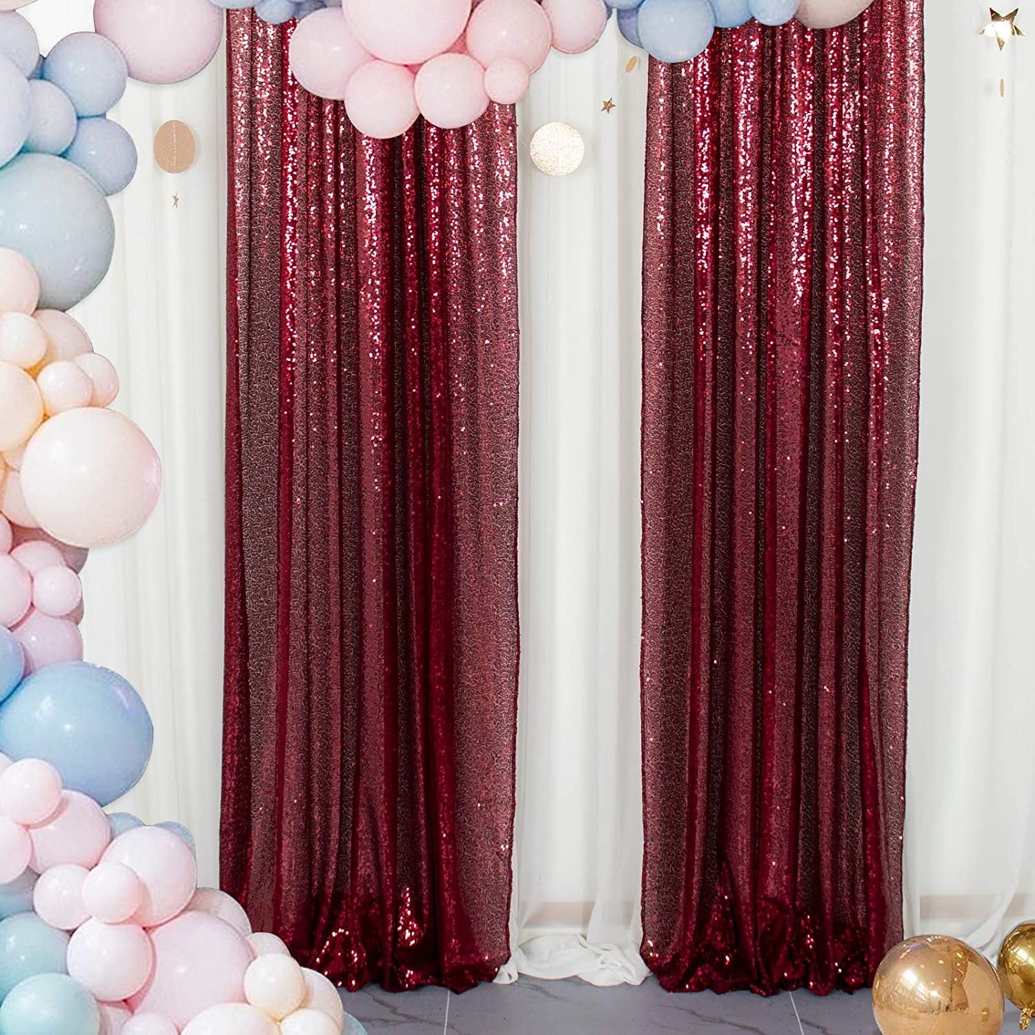 2 Pc Wine Red Sequin Backdrop Drape Curtains with Rod Pockets - 8ftx2ft