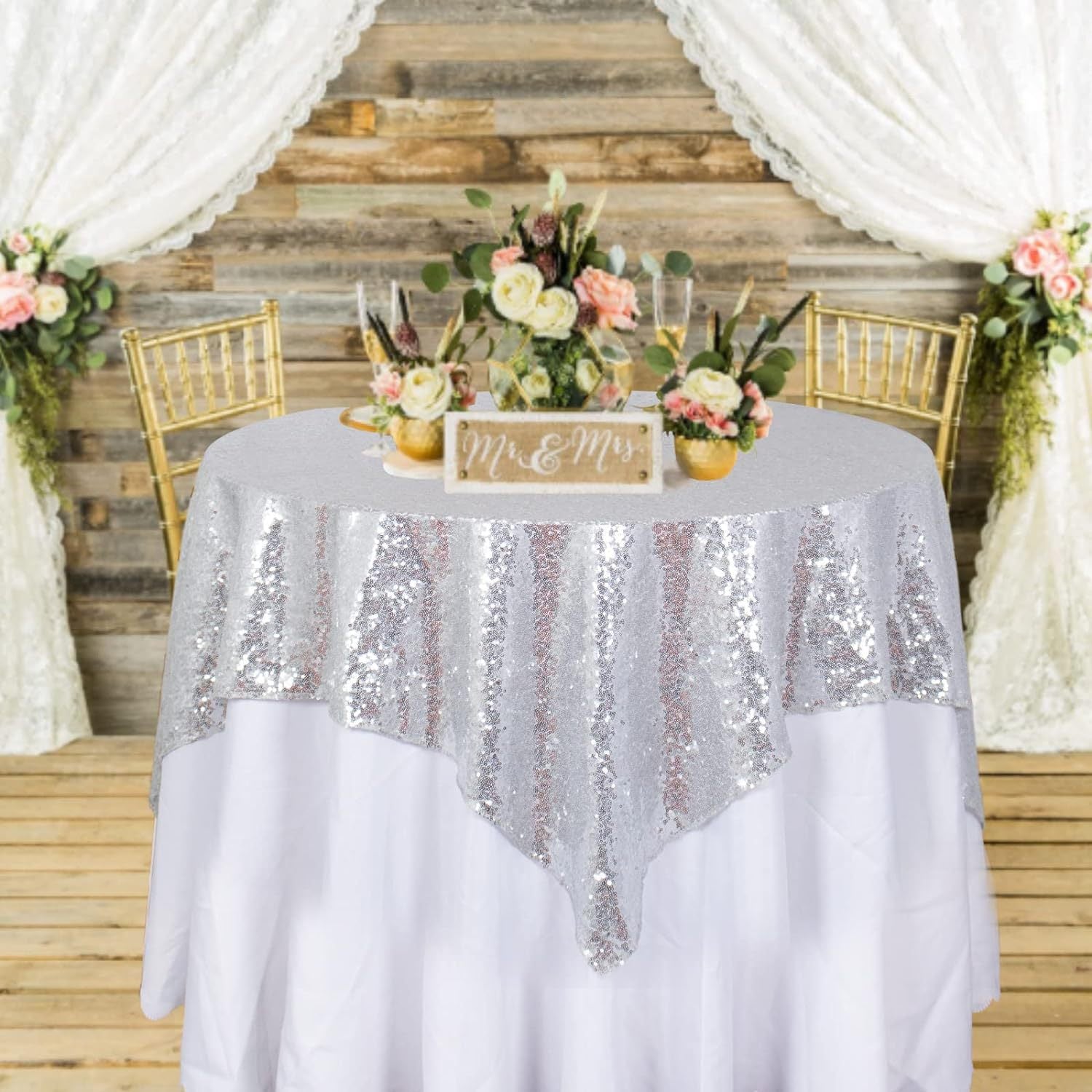 Shiny Sequin Tablecloth Square Sequin Table Overlay for Round Table  for Wedding/Party Decoration