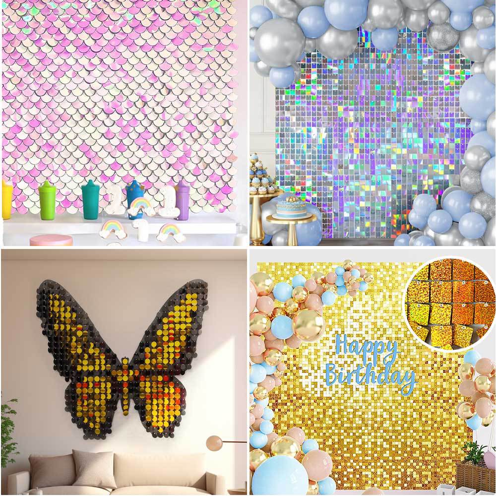 24 Panels Mermaid Scales Sequin Shimmer Wall Photo Backdrop Panels - 24sq.ft Silver