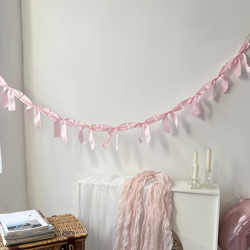 Bow Garland Banner Decoration,Pre-Strung Satin Ribbon Ornaments for Birthday, Party, Wedding, Anniversary