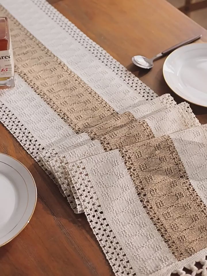 Load video: Bohemian Style Tassel Cotton Table Runner - Cable Knit Red